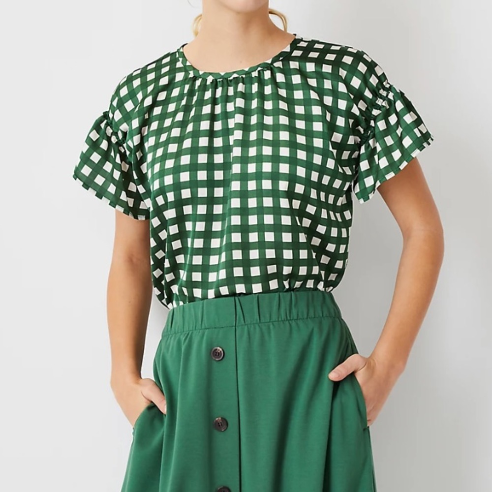 NWOT Ann Taylor Green Gingham Top